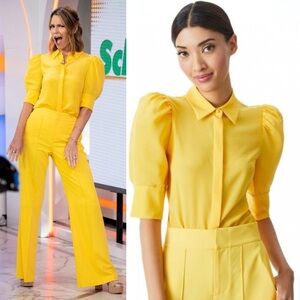 Alice and Olivia Willa Puff Sleeve Blouse XS Yellow Silk Collared Top